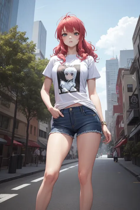 masterpiece, best quality, absurdres, perfect anatomy, 1girl, solo, Feldt Grace, long hair, graphic tee, denim shorts, standing, outdoors, city, hands in pockets