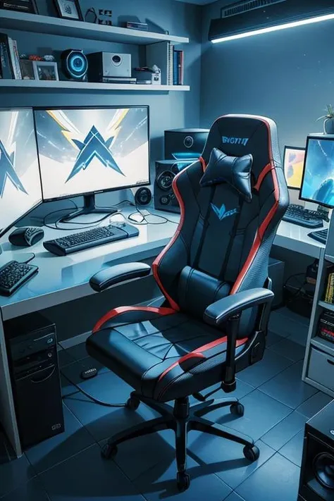 gameroomconcept, computer desktop monitor keyboard, rgb lighting, gaming chair, blue yellow light, pod, science fiction, elegant, bed room, gamepad, speaker, sound system, god of wars, <lora:ARWgameroomconcept:1>