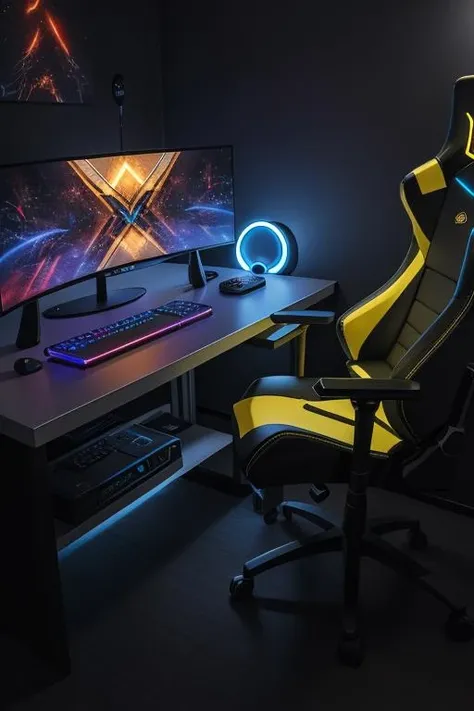 gameroomconcept, computer desktop monitor keyboard, rgb lighting, gaming chair, blue yellow light, pod, science fiction, elegant, bed room, gamepad, speaker, sound system, god of wars, <lora:ARWgameroomconcept:1>