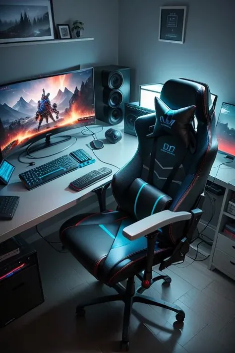 gameroomconcept, computer desktop monitor keyboard, rgb lighting, gaming chair, blue yellow light, pod, science fiction, elegant, bed room, gamepad, speaker, sound system, god of wars, <lora:ARWgameroomconcept:1>