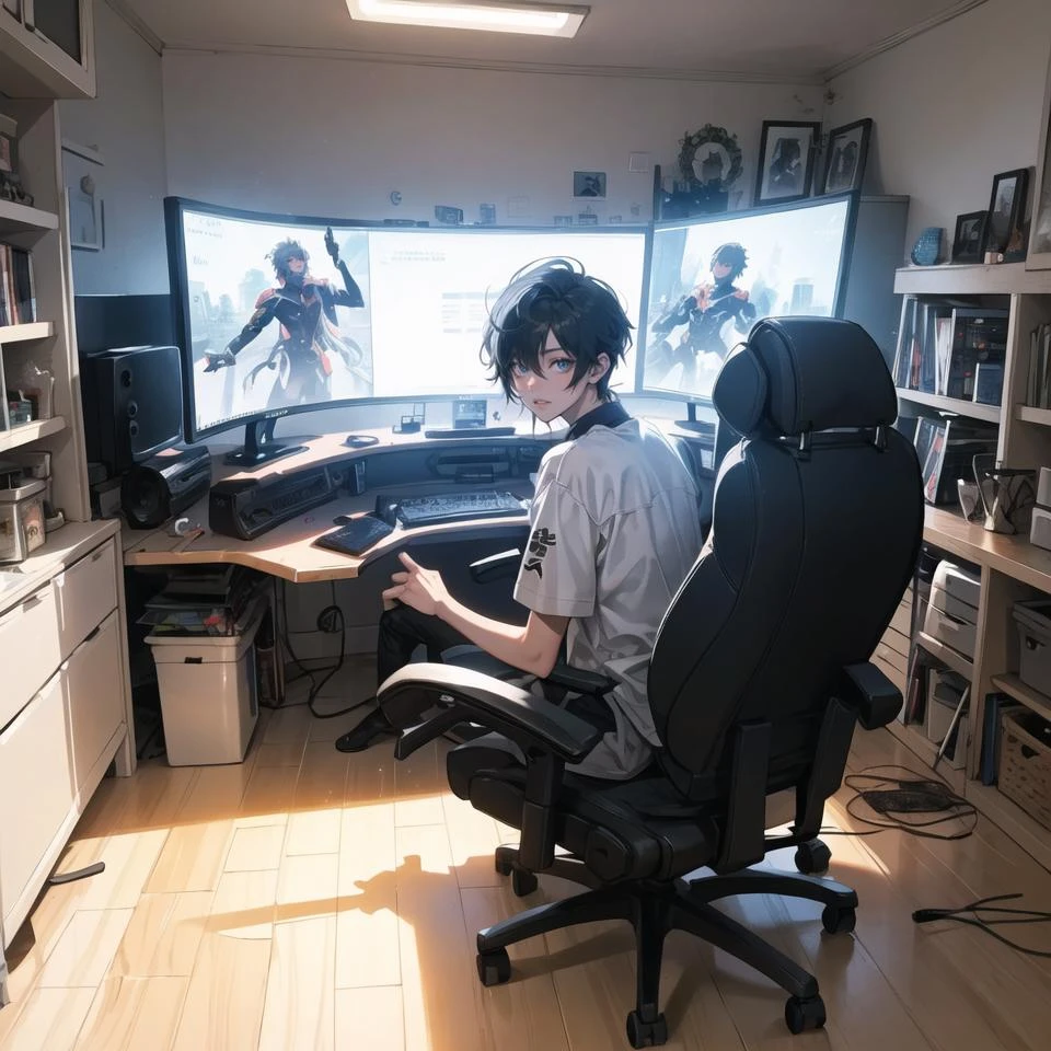 masterpiece, best quality, 1boy, male focus, looking at viewer, <lora:ARWgameroomconcept:1> gameroomconcept, room