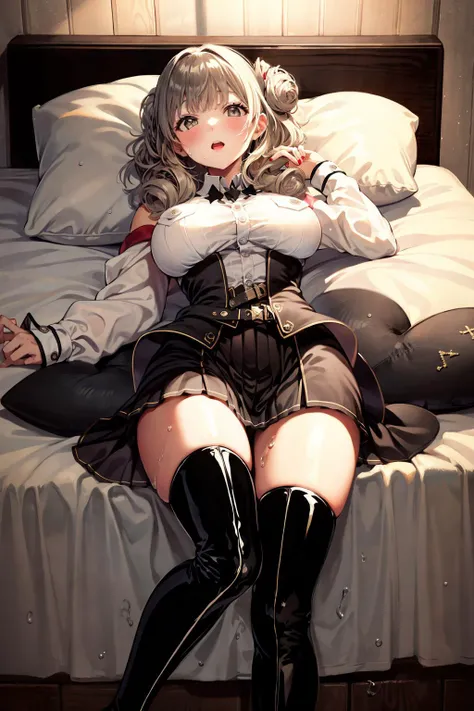 original outfit, 1girl, large breasts, thighhighs,solo, thigh boots boots, white shirt, black skirt, black footwear, bangs<lora:LvzovOG-000009:1>
(((masterpiece,high resolution,best quality))), 1girl, solo,wine bottle,
large breasts, lying, twintails, on back, petals, looking at viewer, armpits, open mouth, solo, blush, wet clothes, heart, arms up, wet, bed sheet, huge breasts,