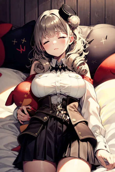 original outfit, 1girl, solo, breasts, closed eyes, shirt, stuffed toy, black skirt, pleated skirt, lying, on back, stuffed animal, black headwear, pocket, white shirt, large breasts, single side bun, breast pocket, belt, closed mouth <lora:LvzovOG-000009:1>