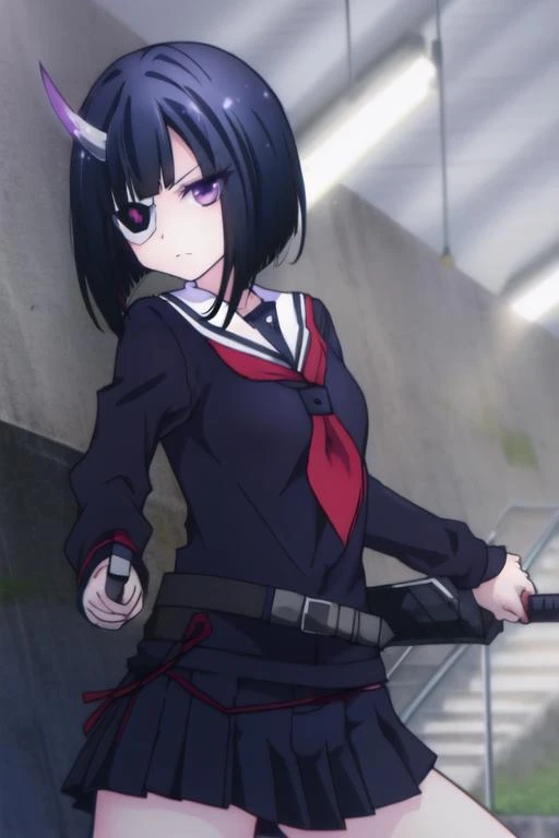 blade attack jump
 <lora:Onigawara_Rin:0.9> Onigawara_Rin, black_hair,short_hiar,blunt_bang,eyepatch, (right_single_horn:1.3),purple_eyes,, school_uniform, serafuku,pleated_skirt,belt,