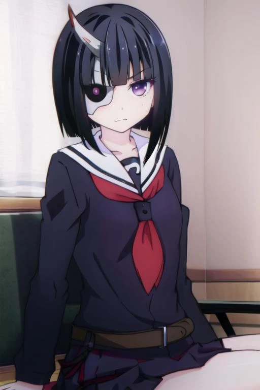 sitting
 <lora:Onigawara_Rin:0.9> Onigawara_Rin, black_hair,short_hiar,blunt_bang,eyepatch, (single_horn:1.3),purple_eyes,, school_uniform, serafuku,pleated_skirt,belt,