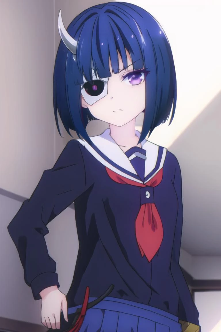 <lora:Onigawara_Rin:0.9>Onigawara_Rin, blue_hair,short_hiar,blunt_bang,eyepatch, right_horns, purple_eyes,, school_uniform, serafuku
pleated_skirt,belt,
upper body,