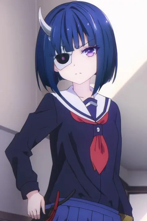 <lora:Onigawara_Rin:0.9>Onigawara_Rin, blue_hair,short_hiar,blunt_bang,eyepatch, right_horns, purple_eyes,, school_uniform, serafuku
pleated_skirt,belt,
upper body,