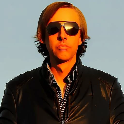 black jacket, black glasses, blue jeans