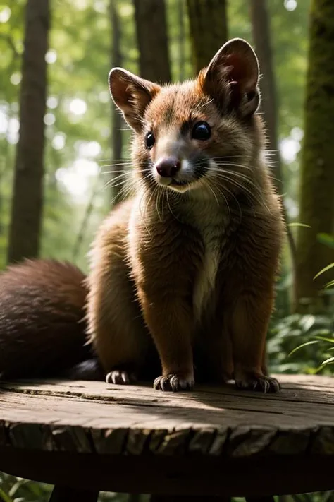 an concept art of alchemic element - European Pine Marten (Martes martes): A captivating and agile predator, the European pine marten exhibits a lustrous coat of brown fur with a pale cream-colored throat patch, giving it a distinctive appearance. The round, bright eyes are set off by large, mobile ears, conveying an air of alertness and curiosity. Its slender, lithe body is supported by strong legs and sharp claws, enabling it to navigate the treetops and forest floor with ease. As the magical light cascades over the scene, it accentuates the scene's enchantment, instilling a sense of awe and delight. Every detail sparkles with a touch of the extraordinary, while the background fades into an alluring blur, focusing our gaze solely on the captivating subject., on table, rim lights, digital art, focus on subject, duch angle, clsoe shot, closeup, focus on material and structure, masterpiece, ultrasharp, intricated details