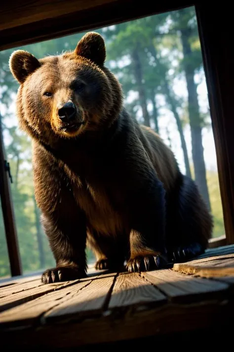 an concept art of alchemic element - European Brown Bear (Ursus arctos): A majestic mammal with a powerful build and thick, shaggy fur. The dense coat varies in color from light brown to dark black, providing perfect camouflage in the forested landscape. The broad head is adorned with small, rounded ears and sharp, keen eyes. The formidable frame is supported by strong, muscular legs and large, clawed paws, making it an imposing sight in its natural habitat. This scene, with its magical lighting and exquisite focus on intricate details, will leave viewers spellbound, transporting them to a world of enchantment and beauty, regardless of the object it embraces., on table, rim lights, digital art, focus on subject, duch angle, clsoe shot, closeup, focus on material and structure, masterpiece, ultrasharp, intricated details