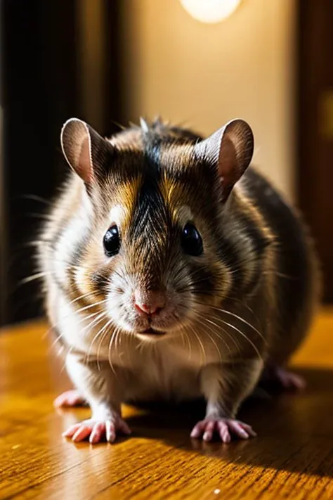 an concept art of alchemic element - European Hamster (Cricetus cricetus): A small, rotund rodent with a stout body and cheek pouches for storing food. The dense fur is predominantly gray-brown, with a distinctive black stripe along the back. This scene, with its magical lighting and exquisite focus on intricate details, will leave viewers spellbound, transporting them to a world of enchantment and beauty, regardless of the object it embraces., on table, rim lights, digital art, focus on subject, duch angle, clsoe shot, closeup, focus on material and structure, masterpiece, ultrasharp, intricated details