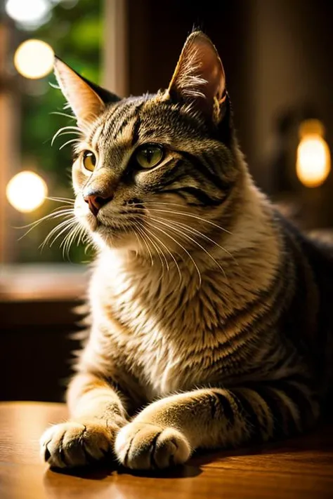 an concept art of alchemic element - European Wildcat (Felis silvestris): A striking feline with a robust, muscular build, resembling a domestic cat but larger and more untamed. The dense fur coat boasts a tabby-like pattern, predominantly gray with subtle black stripes and spots, providing exceptional camouflage in its forest habitat. The rounded ears have tufts of fur at the tips, accentuating its alert and watchful appearance. As the magical light cascades over the scene, it accentuates the scene's enchantment, instilling a sense of awe and delight. Every detail sparkles with a touch of the extraordinary, while the background fades into an alluring blur, focusing our gaze solely on the captivating subject., on table, rim lights, digital art, focus on subject, duch angle, clsoe shot, closeup, focus on material and structure, masterpiece, ultrasharp, intricated details