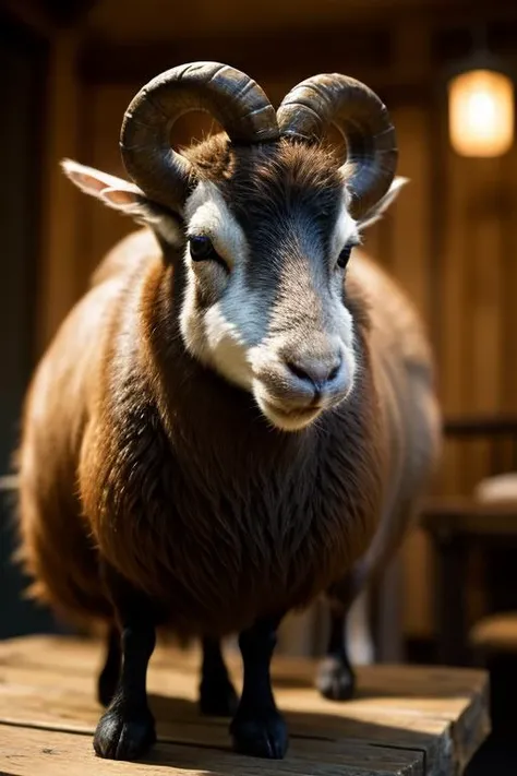 an concept art of alchemic element - European Mouflon (Ovis orientalis musimon): A majestic, wild sheep with distinctive, spiral horns in both males and females. The thick, coarse fur varies in color, ranging from reddish-brown to gray, with a white belly and rump. The rugged, stocky body and powerful legs equip it to thrive in Poland's mountainous regions. The subject stands proudly as the center of attention, bathed in the tender glow. The light plays with shadows, creating a dance of artistry on its surface, emphasizing even the tiniest nuances that make it unique. A halo of brilliance surrounds the subject, enhancing its elegance and evoking a sense of wonder and mystery., on table, rim lights, digital art, focus on subject, duch angle, clsoe shot, closeup, focus on material and structure, masterpiece, ultrasharp, intricated details