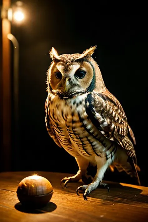 an concept art of alchemic element - European Tawny Owl (Strix aluco): A medium-sized owl with a mottled brown and gray plumage, providing exceptional camouflage among trees. The large, round head features dark eyes set in a distinctive facial disk, enhancing its exceptional night vision. The camera's angle frames the subject in a way that unveils its essence, unveiling secrets that lie within its form. Shadows and highlights create a harmonious symphony, revealing an extraordinary interplay of light and darkness, unveiling layers of depth that leave us captivated., on table, rim lights, digital art, focus on subject, duch angle, clsoe shot, closeup, focus on material and structure, masterpiece, ultrasharp, intricated details