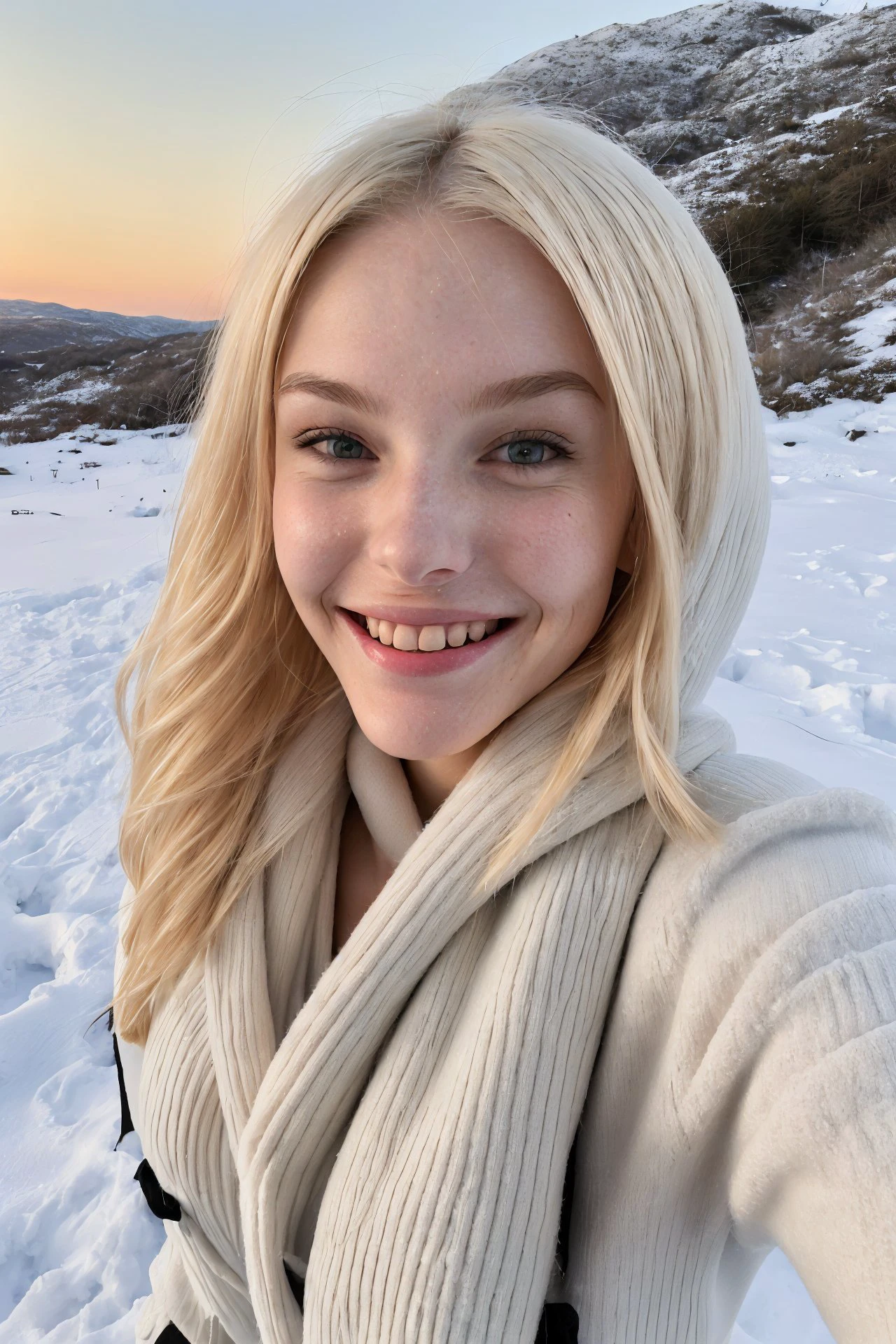 (from below, headshot:1.2) photo of <lora:JadeLloyd_v1:0.9> JadeLloyd with platinum blonde hair and a big goofy grin,
smiling,
she is wearing hoodie
,
she is wearing scarf,
her hair is styled as textured bob,
BREAK she is (playing in the snow:1.1),
high key brightly lit,
shot on Aaton LTR
,overexposed,