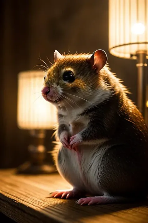 an concept art of alchemic element - European Hamster (Cricetus cricetus): A small, rotund rodent with a stout body and cheek pouches for storing food. The dense fur is predominantly gray-brown, with a distinctive black stripe along the back. In this enchanting scene, the camera floats gracefully just inches away from the subject, immersing us in a world of intricate details and captivating magic. The soft glow of a mystical light source casts a mesmerizing aura, gently caressing every curve and edge, illuminating the scene with an ethereal radiance., on table, rim lights, digital art, focus on subject, duch angle, clsoe shot, closeup, focus on material and structure, masterpiece, ultrasharp, intricated details