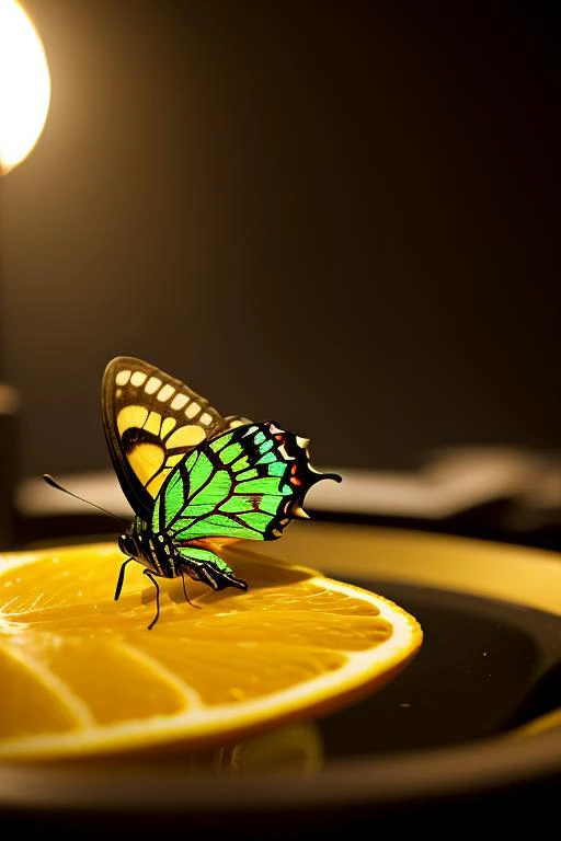 an concept art of alchemic element - Citrus Swallowtail (Papilio demodocus): The Citrus Swallowtail is a large butterfly with a wingspan of about 11 to 14 centimeters (4.3 to 5.5 inches). Its wings are predominantly yellow with black markings and blue and red spots near the tail. The camera's angle frames the subject in a way that unveils its essence, unveiling secrets that lie within its form. Shadows and highlights create a harmonious symphony, revealing an extraordinary interplay of light and darkness, unveiling layers of depth that leave us captivated., on table, rim lights, digital art, focus on subject, duch angle, clsoe shot, closeup, focus on material and structure, masterpiece, ultrasharp, intricated details