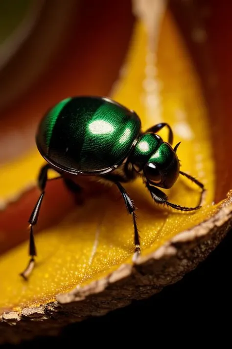 an concept art of alchemic element - Leaf Beetle (Chrysomelidae family): Leaf beetles are a large family of beetles with a wide range of sizes and colors. They are often found on leaves, and some species have colorful patterns that resemble leaves or flowers. The camera's angle frames the subject in a way that unveils its essence, unveiling secrets that lie within its form. Shadows and highlights create a harmonious symphony, revealing an extraordinary interplay of light and darkness, unveiling layers of depth that leave us captivated., on table, rim lights, digital art, focus on subject, duch angle, clsoe shot, closeup, focus on material and structure, masterpiece, ultrasharp, intricated details