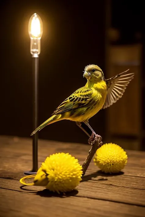 an concept art of alchemic element - European Serin (Serinus serinus): A dainty, colorful bird with vibrant yellow plumage on the breast and belly, contrasting with greenish-brown wings and back. The black streaks on the head and a bright yellow patch on the wings enhance its striking appearance. Its melodious song adds to its allure and charm. This scene, with its magical lighting and exquisite focus on intricate details, will leave viewers spellbound, transporting them to a world of enchantment and beauty, regardless of the object it embraces., on table, rim lights, digital art, focus on subject, duch angle, clsoe shot, closeup, focus on material and structure, masterpiece, ultrasharp, intricated details