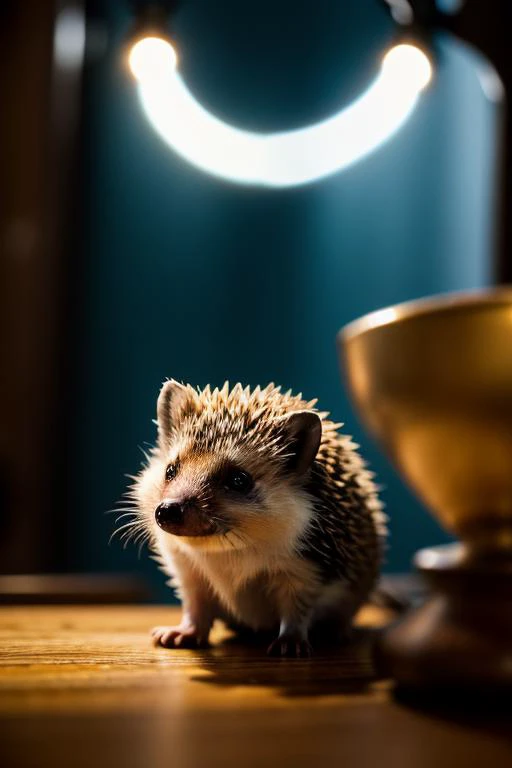 an concept art of alchemic element - European Hedgehog (Erinaceus europaeus): A delightful, spiky mammal with a compact, round body covered in a coat of sharp, protective spines. The fur on its underside is soft and brownish, offering a cozy contrast to the quills. Its small, bright eyes peer out from a narrow face, giving it an endearing and inquisitive expression. As the magical light cascades over the scene, it accentuates the scene's enchantment, instilling a sense of awe and delight. Every detail sparkles with a touch of the extraordinary, while the background fades into an alluring blur, focusing our gaze solely on the captivating subject., on table, rim lights, digital art, focus on subject, duch angle, clsoe shot, closeup, focus on material and structure, masterpiece, ultrasharp, intricated details