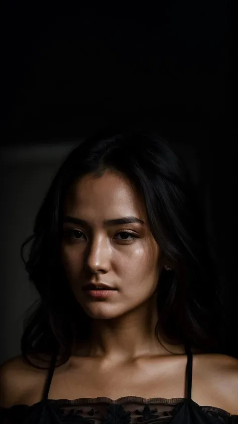 extreme quality, face portrait photo of 26 y.o european woman, wearing black dress, serious face, detailed face, deep skin pores, cinematic shot, dramatic lighting