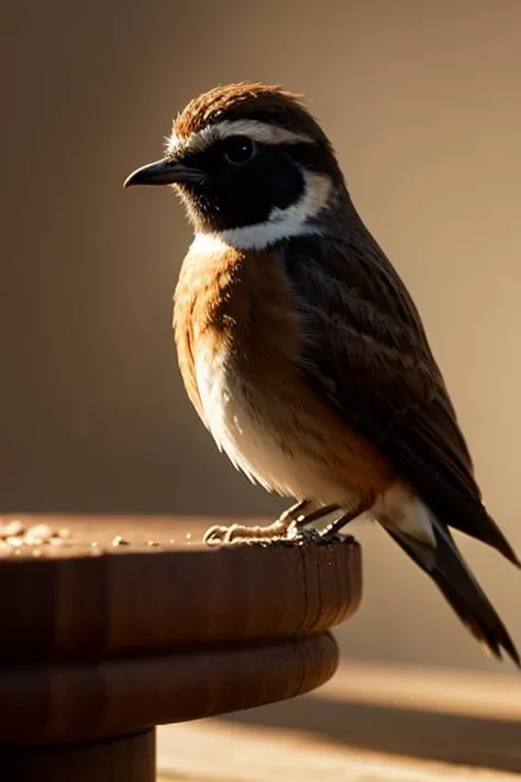 an concept art of alchemic element - European Stonechat (Saxicola rubicola): A small, captivating bird with a distinctive and striking appearance. The male exhibits a rich chestnut-red breast and throat, complemented by a prominent white collar and dark head cap. The wings are adorned with patches of white, adding to its eye-catching charm. The female, while less vibrant, showcases a warm brown plumage with subtle white markings. The camera's angle frames the subject in a way that unveils its essence, unveiling secrets that lie within its form. Shadows and highlights create a harmonious symphony, revealing an extraordinary interplay of light and darkness, unveiling layers of depth that leave us captivated., on table, rim lights, digital art, focus on subject, duch angle, clsoe shot, closeup, focus on material and structure, masterpiece, ultrasharp, intricated details