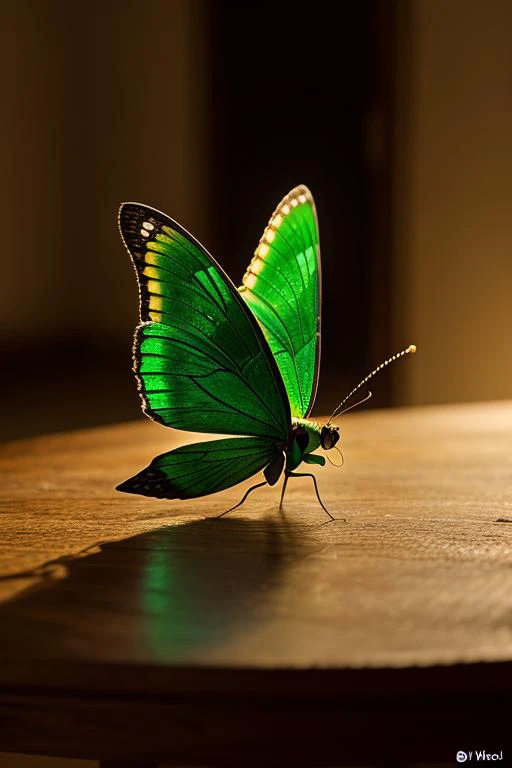 an concept art of alchemic element - Madagascan Sunset Moth (Chrysiridia rhipheus): The Madagascan Sunset Moth is a medium-sized moth with a wingspan of about 8 to 10 centimeters (3.1 to 3.9 inches). Its wings are a vibrant mix of iridescent blue, green, and red, creating a stunning display of colors. As the magical light cascades over the scene, it accentuates the scene's enchantment, instilling a sense of awe and delight. Every detail sparkles with a touch of the extraordinary, while the background fades into an alluring blur, focusing our gaze solely on the captivating subject., on table, rim lights, digital art, focus on subject, duch angle, clsoe shot, closeup, focus on material and structure, masterpiece, ultrasharp, intricated details
