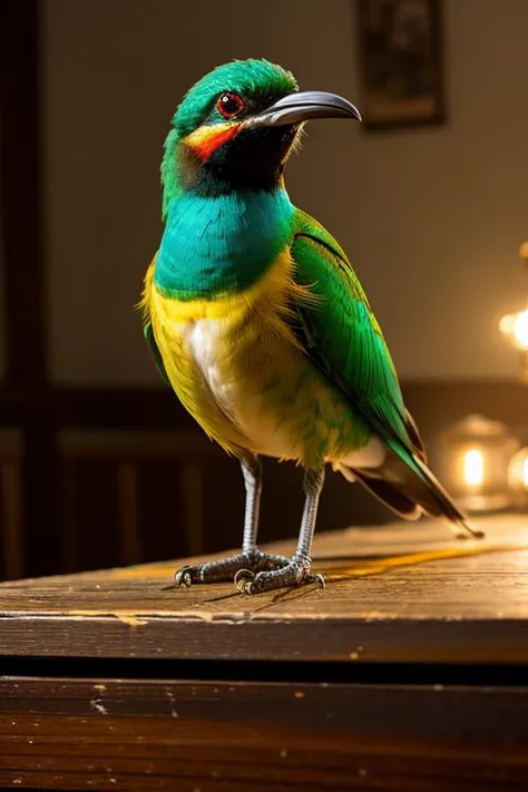 an concept art of alchemic element - European Bee-eater (Merops apiaster): A vibrantly colored bird with a golden-yellow throat and belly, turquoise wings, and a reddish-brown back. The long, pointed bill aids in catching flying insects. In this enchanting scene, the camera floats gracefully just inches away from the subject, immersing us in a world of intricate details and captivating magic. The soft glow of a mystical light source casts a mesmerizing aura, gently caressing every curve and edge, illuminating the scene with an ethereal radiance., on table, rim lights, digital art, focus on subject, duch angle, clsoe shot, closeup, focus on material and structure, masterpiece, ultrasharp, intricated details