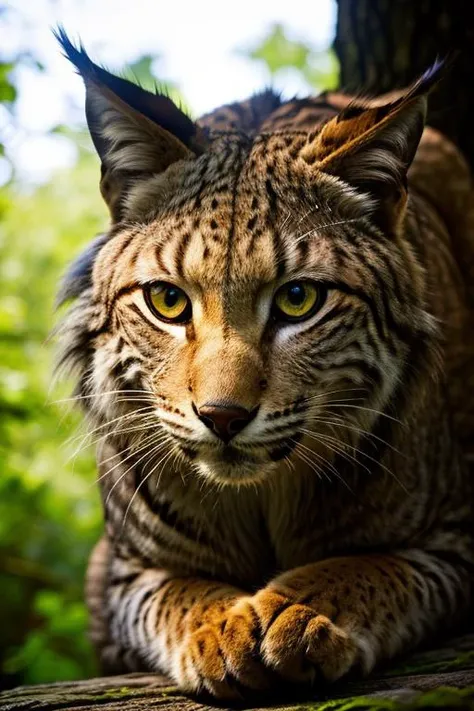 an concept art of alchemic element - European Lynx (Lynx lynx): A stealthy predator with a distinctive appearance. The lynx boasts a short, thick coat adorned with prominent spots and streaks, acting as camouflage against the dappled forest floor. Its tufted ears lend an air of regal elegance, while the piercing, amber eyes exude an aura of mystery and intelligence. Its long legs are equipped with powerful muscles, allowing it to move silently and gracefully through the wilderness. The camera's angle frames the subject in a way that unveils its essence, unveiling secrets that lie within its form. Shadows and highlights create a harmonious symphony, revealing an extraordinary interplay of light and darkness, unveiling layers of depth that leave us captivated., on table, rim lights, digital art, focus on subject, duch angle, clsoe shot, closeup, focus on material and structure, masterpiece, ultrasharp, intricated details