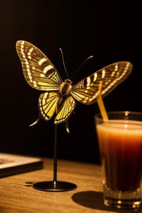 an concept art of alchemic element - Isabella Tiger Moth (Pyrrharctia isabella): The Isabella Tiger Moth is a small to medium-sized moth with a wingspan of about 3 to 4.5 centimeters (1.2 to 1.8 inches). It has a warm, buff-colored body with contrasting black spots. As the magical light cascades over the scene, it accentuates the scene's enchantment, instilling a sense of awe and delight. Every detail sparkles with a touch of the extraordinary, while the background fades into an alluring blur, focusing our gaze solely on the captivating subject., on table, rim lights, digital art, focus on subject, duch angle, clsoe shot, closeup, focus on material and structure, masterpiece, ultrasharp, intricated details