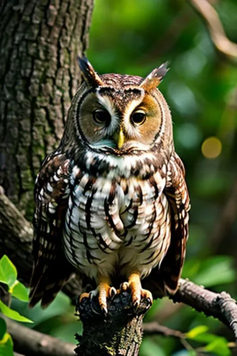 an concept art of alchemic element - European Tawny Owl (Strix aluco): A medium-sized owl with a mottled brown and gray plumage, providing exceptional camouflage among trees. The large, round head features dark eyes set in a distinctive facial disk, enhancing its exceptional night vision. The subject stands proudly as the center of attention, bathed in the tender glow. The light plays with shadows, creating a dance of artistry on its surface, emphasizing even the tiniest nuances that make it unique. A halo of brilliance surrounds the subject, enhancing its elegance and evoking a sense of wonder and mystery., on table, rim lights, digital art, focus on subject, duch angle, clsoe shot, closeup, focus on material and structure, masterpiece, ultrasharp, intricated details