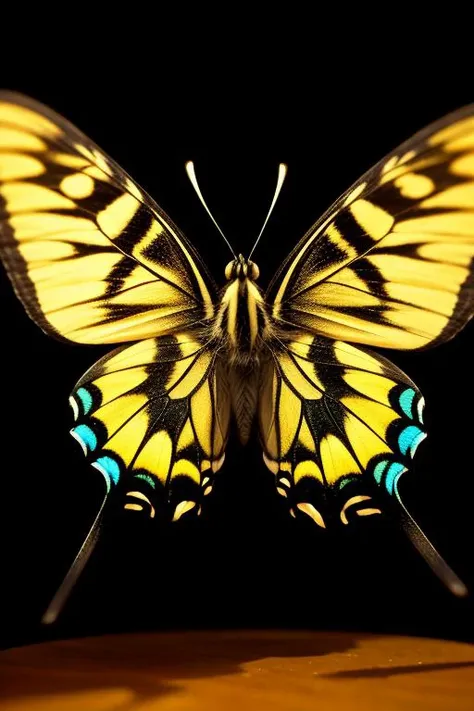 an concept art of alchemic element - Eastern Tiger Swallowtail (Papilio glaucus): The Eastern Tiger Swallowtail is a large butterfly with a wingspan of about 7.9 to 14 centimeters (3.1 to 5.5 inches). It has distinctive black stripes on yellow wings, with females having blue and orange markings on their hindwings. As the magical light cascades over the scene, it accentuates the scene's enchantment, instilling a sense of awe and delight. Every detail sparkles with a touch of the extraordinary, while the background fades into an alluring blur, focusing our gaze solely on the captivating subject., on table, rim lights, digital art, focus on subject, duch angle, clsoe shot, closeup, focus on material and structure, masterpiece, ultrasharp, intricated details