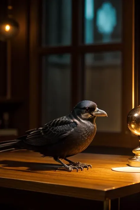 an concept art of alchemic element - European Jackdaw (Corvus monedula): A small, intelligent bird with glossy black feathers and a distinctive gray nape. The sharp, beady eyes exude curiosity and intelligence, while the sturdy, black bill reflects its omnivorous diet. The strong, hooked claws enable it to perch and maneuver with ease. In this enchanting scene, the camera floats gracefully just inches away from the subject, immersing us in a world of intricate details and captivating magic. The soft glow of a mystical light source casts a mesmerizing aura, gently caressing every curve and edge, illuminating the scene with an ethereal radiance., on table, rim lights, digital art, focus on subject, duch angle, clsoe shot, closeup, focus on material and structure, masterpiece, ultrasharp, intricated details