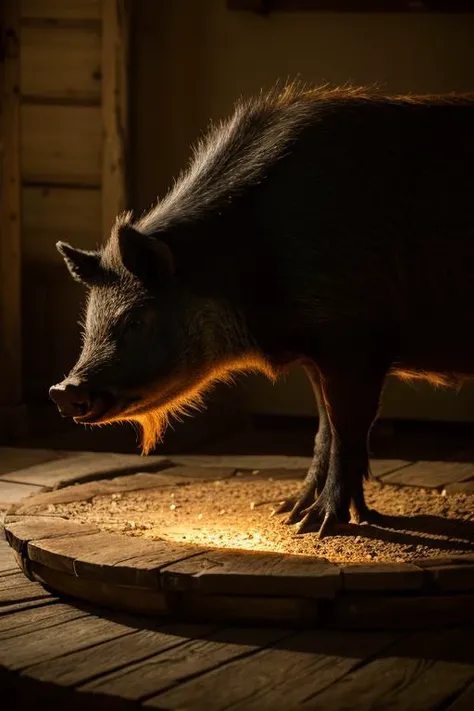 an concept art of alchemic element - European Wild Boar (Sus scrofa): A robust and adaptable creature, the wild boar boasts a sturdy, barrel-like body covered in coarse, bristly fur. Its coloration can vary from dark brown to black, with a distinctive pale stripe running down its back. The iconic tusks on the males, or boars, add a touch of fierceness to their appearance. The strong, stocky legs support the boar's formidable frame, making it a resilient and resourceful inhabitant of the Polish wilderness. In this enchanting scene, the camera floats gracefully just inches away from the subject, immersing us in a world of intricate details and captivating magic. The soft glow of a mystical light source casts a mesmerizing aura, gently caressing every curve and edge, illuminating the scene with an ethereal radiance., on table, rim lights, digital art, focus on subject, duch angle, clsoe shot, closeup, focus on material and structure, masterpiece, ultrasharp, intricated details