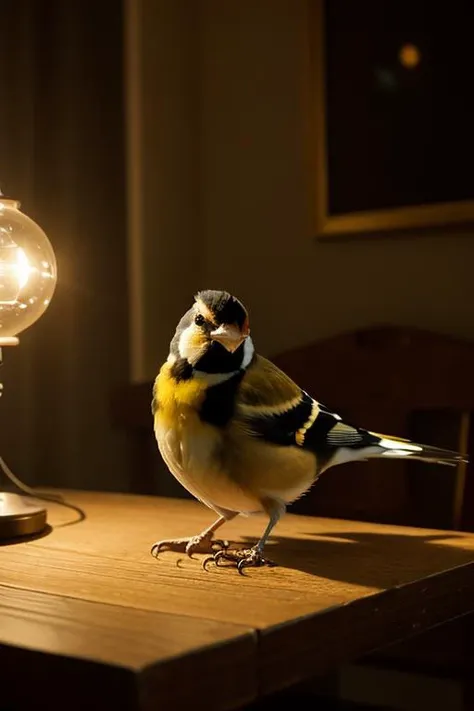 an concept art of alchemic element - European Goldfinch (Carduelis carduelis): A charming bird with a splash of colors on its wings and head. The red face, black and yellow wings, and white belly create a beautiful contrast on its small, compact body. In this enchanting scene, the camera floats gracefully just inches away from the subject, immersing us in a world of intricate details and captivating magic. The soft glow of a mystical light source casts a mesmerizing aura, gently caressing every curve and edge, illuminating the scene with an ethereal radiance., on table, rim lights, digital art, focus on subject, duch angle, clsoe shot, closeup, focus on material and structure, masterpiece, ultrasharp, intricated details