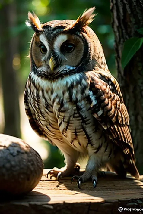 an concept art of alchemic element - European Tawny Owl (Strix aluco): A medium-sized owl with a mottled brown and gray plumage, providing exceptional camouflage among trees. The large, round head features dark eyes set in a distinctive facial disk, enhancing its exceptional night vision. The camera's angle frames the subject in a way that unveils its essence, unveiling secrets that lie within its form. Shadows and highlights create a harmonious symphony, revealing an extraordinary interplay of light and darkness, unveiling layers of depth that leave us captivated., on table, rim lights, digital art, focus on subject, duch angle, clsoe shot, closeup, focus on material and structure, masterpiece, ultrasharp, intricated details