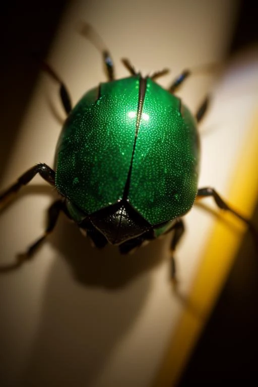 an concept art of alchemic element - Green Shield Bug (Palomena prasina): The Green Shield Bug is a medium-sized shield bug with a length of about 12 to 15 millimeters (0.5 to 0.6 inches). It has a shield-like shape and is bright green, often with dark markings on its wings. As the magical light cascades over the scene, it accentuates the scene's enchantment, instilling a sense of awe and delight. Every detail sparkles with a touch of the extraordinary, while the background fades into an alluring blur, focusing our gaze solely on the captivating subject., on table, rim lights, digital art, focus on subject, duch angle, clsoe shot, closeup, focus on material and structure, masterpiece, ultrasharp, intricated details