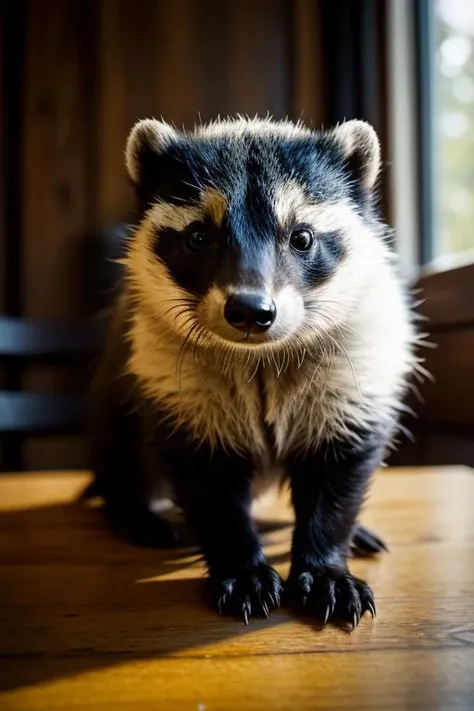 an concept art of alchemic element - European Badger (Meles meles): A stout and sociable mammal, the European badger boasts a distinctive black and white striped face that sets it apart from its woodland counterparts. Its dense, coarse fur is predominantly gray, with distinct patterns varying between individuals. The stocky, powerful body is supported by short, sturdy legs and sharp claws, making it an efficient digger and adept forager. The camera's angle frames the subject in a way that unveils its essence, unveiling secrets that lie within its form. Shadows and highlights create a harmonious symphony, revealing an extraordinary interplay of light and darkness, unveiling layers of depth that leave us captivated., on table, rim lights, digital art, focus on subject, duch angle, clsoe shot, closeup, focus on material and structure, masterpiece, ultrasharp, intricated details