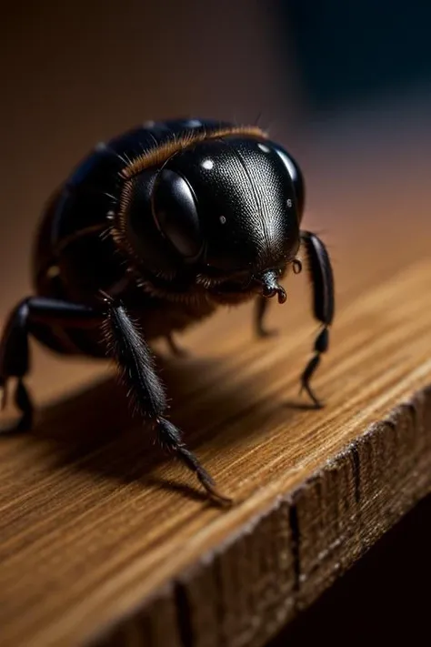 an concept art of alchemic element - Hairy Rove Beetle (Creophilus maxillosus): The Hairy Rove Beetle is a small to medium-sized beetle with a length of about 8 to 12 millimeters (0.3 to 0.5 inches). It has a shiny black body with short, dense hairs. As the magical light cascades over the scene, it accentuates the scene's enchantment, instilling a sense of awe and delight. Every detail sparkles with a touch of the extraordinary, while the background fades into an alluring blur, focusing our gaze solely on the captivating subject., on table, rim lights, digital art, focus on subject, duch angle, clsoe shot, closeup, focus on material and structure, masterpiece, ultrasharp, intricated details