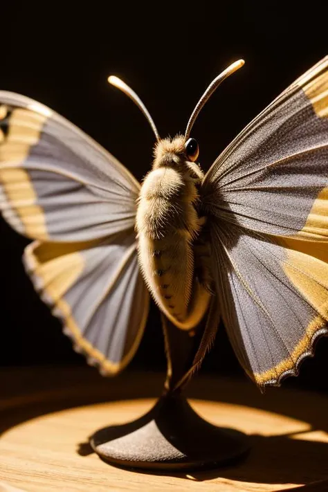 an concept art of alchemic element - Carolina Sphinx Moth (Manduca sexta): The Carolina Sphinx Moth is a medium to large-sized moth with a wingspan of about 7.5 to 13 centimeters (3 to 5.1 inches). Its wings are gray-brown with pinkish patches. The subject stands proudly as the center of attention, bathed in the tender glow. The light plays with shadows, creating a dance of artistry on its surface, emphasizing even the tiniest nuances that make it unique. A halo of brilliance surrounds the subject, enhancing its elegance and evoking a sense of wonder and mystery., on table, rim lights, digital art, focus on subject, duch angle, clsoe shot, closeup, focus on material and structure, masterpiece, ultrasharp, intricated details