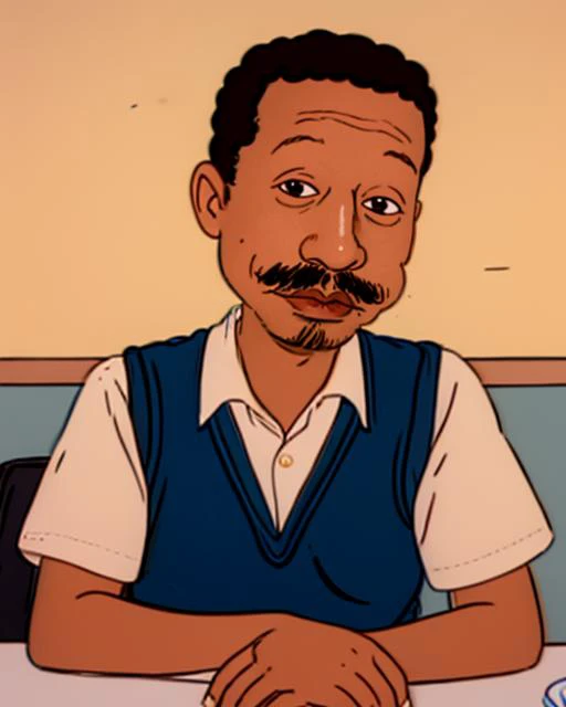 <lora:Randy_Carmichael_-_Rugrats_1992:1.25>randy_carmiichael, 1man, 1boy, male focus, solo, dark skin, black hair, dark-skinned male, facial hair, mustache, parody, sitting, vest, shirt, sweater vest, black eyes, portrait, upper body, photorealism,, source_cartoon, score_9, score_8_up, score_7_up,<lora:LCM_Mini_SD15_6MB:1>
