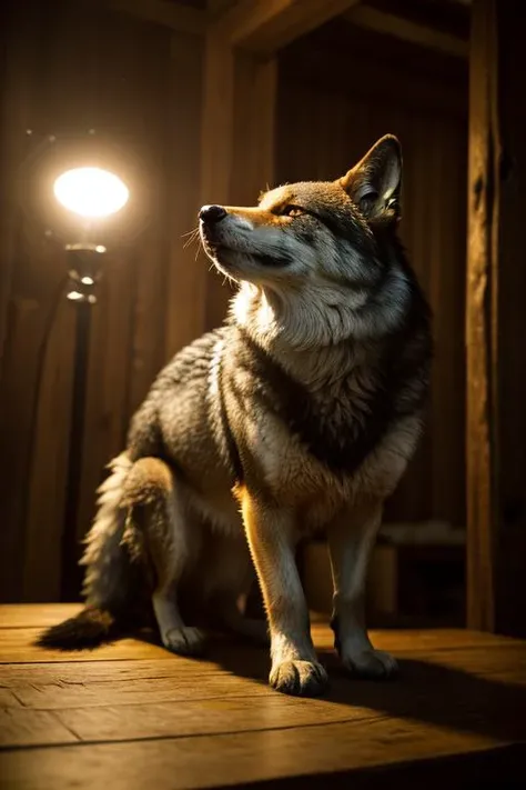 an concept art of alchemic element - European Wolf (Canis lupus): A cunning and elusive carnivore, the European wolf possesses a thick, multi-layered coat that ranges in color from gray to brown, ensuring warmth and protection in the harshest of climates. Its sharp, intelligent eyes are enhanced by perky, pointed ears, always attuned to the sounds of the forest. Its agile, lean body is equipped with muscular limbs and powerful jaws, making it an adept hunter in its wilderness domain. In this enchanting scene, the camera floats gracefully just inches away from the subject, immersing us in a world of intricate details and captivating magic. The soft glow of a mystical light source casts a mesmerizing aura, gently caressing every curve and edge, illuminating the scene with an ethereal radiance., on table, rim lights, digital art, focus on subject, duch angle, clsoe shot, closeup, focus on material and structure, masterpiece, ultrasharp, intricated details