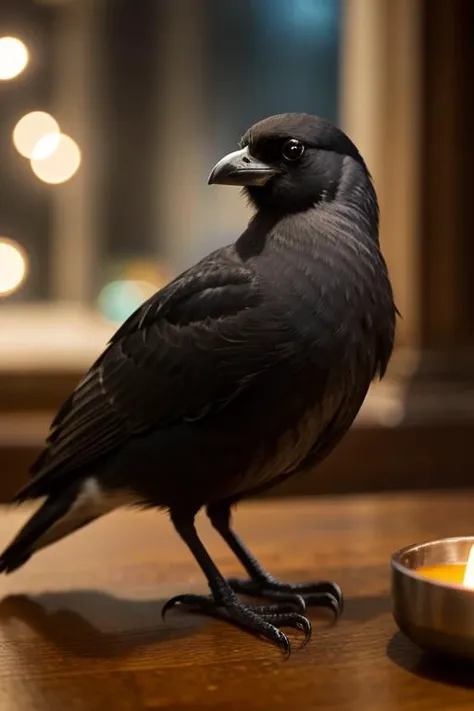 an concept art of alchemic element - European Jackdaw (Corvus monedula): A small, intelligent bird with glossy black feathers and a distinctive gray nape. The sharp, beady eyes exude curiosity and intelligence, while the sturdy, black bill reflects its omnivorous diet. The strong, hooked claws enable it to perch and maneuver with ease. In this enchanting scene, the camera floats gracefully just inches away from the subject, immersing us in a world of intricate details and captivating magic. The soft glow of a mystical light source casts a mesmerizing aura, gently caressing every curve and edge, illuminating the scene with an ethereal radiance., on table, rim lights, digital art, focus on subject, duch angle, clsoe shot, closeup, focus on material and structure, masterpiece, ultrasharp, intricated details