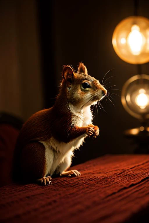 an concept art of alchemic element - European Red Squirrel (Sciurus vulgaris): A delightful, acrobatic rodent with a bushy tail and vibrant, russet-colored fur. The white underside contrasts beautifully with the reddish-brown back, while the characteristic ear tufts add a touch of charm. Its nimble, dexterous paws allow for skilled climbing and precise handling of food items. In this enchanting scene, the camera floats gracefully just inches away from the subject, immersing us in a world of intricate details and captivating magic. The soft glow of a mystical light source casts a mesmerizing aura, gently caressing every curve and edge, illuminating the scene with an ethereal radiance., on table, rim lights, digital art, focus on subject, duch angle, clsoe shot, closeup, focus on material and structure, masterpiece, ultrasharp, intricated details