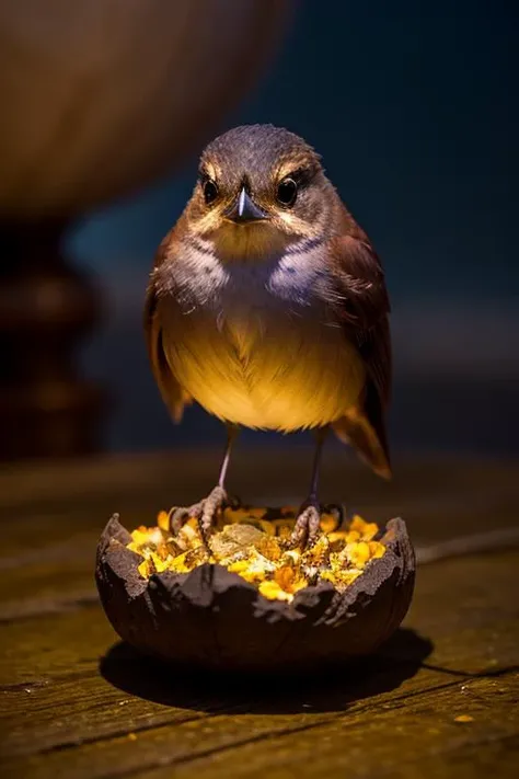 an concept art of alchemic element - European Nightingale (Luscinia megarhynchos): A small, unassuming bird with a melodious and enchanting song that fills the night air during the breeding season. The plumage is plain, with a brownish-gray body and a warm orange-brown breast. This scene, with its magical lighting and exquisite focus on intricate details, will leave viewers spellbound, transporting them to a world of enchantment and beauty, regardless of the object it embraces., on table, rim lights, digital art, focus on subject, duch angle, clsoe shot, closeup, focus on material and structure, masterpiece, ultrasharp, intricated details