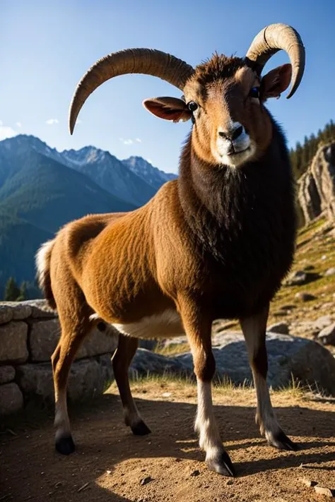 an concept art of alchemic element - European Mouflon (Ovis orientalis musimon): A majestic, wild sheep with distinctive, spiral horns in both males and females. The thick, coarse fur varies in color, ranging from reddish-brown to gray, with a white belly and rump. The rugged, stocky body and powerful legs equip it to thrive in Poland's mountainous regions. This scene, with its magical lighting and exquisite focus on intricate details, will leave viewers spellbound, transporting them to a world of enchantment and beauty, regardless of the object it embraces., on table, rim lights, digital art, focus on subject, duch angle, clsoe shot, closeup, focus on material and structure, masterpiece, ultrasharp, intricated details