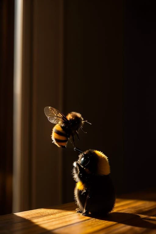 an concept art of alchemic element - Red-tailed Bumblebee (Bombus lapidarius): The Red-tailed Bumblebee is a medium-sized bumblebee with a length of about 16 to 20 millimeters (0.6 to 0.8 inches). Its body is covered in black and yellow hairs, and the tail is bright red. The camera's angle frames the subject in a way that unveils its essence, unveiling secrets that lie within its form. Shadows and highlights create a harmonious symphony, revealing an extraordinary interplay of light and darkness, unveiling layers of depth that leave us captivated., on table, rim lights, digital art, focus on subject, duch angle, clsoe shot, closeup, focus on material and structure, masterpiece, ultrasharp, intricated details