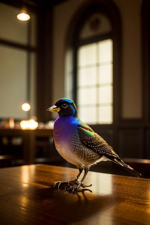 an concept art of alchemic element - European Starling (Sturnus vulgaris): A medium-sized bird with an iridescent black plumage adorned with glossy speckles. During the breeding season, the plumage takes on a beautiful, purple and green sheen. The camera's angle frames the subject in a way that unveils its essence, unveiling secrets that lie within its form. Shadows and highlights create a harmonious symphony, revealing an extraordinary interplay of light and darkness, unveiling layers of depth that leave us captivated., on table, rim lights, digital art, focus on subject, duch angle, clsoe shot, closeup, focus on material and structure, masterpiece, ultrasharp, intricated details