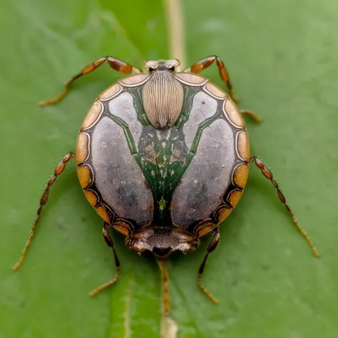 extreme macro closeup  of unusual round insect   on a leaf, reflection, ripples, extreme anatomical detail, velvia film,  BREAK  art nouveau design