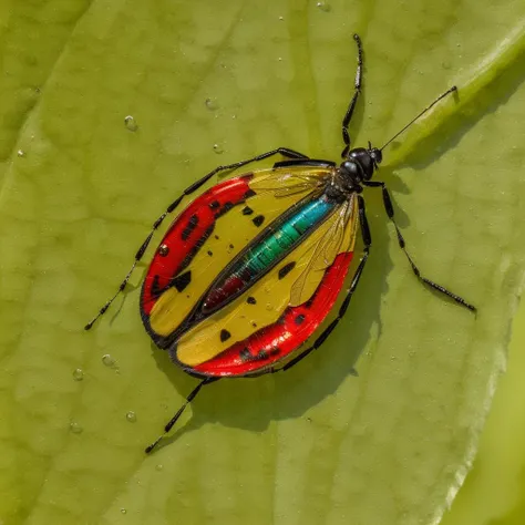 extreme macro closeup  of unusual  insect with mondrian colours on a floating leaf fragment with  water droplet, reflection, ripples, extreme anatomical detail, velvia film,
